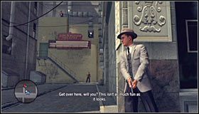 Po dotarciu na miejsce gra automatycznie wyświetli scenkę przerywnikową, w trakcie której będziesz świadkiem ostrej wymiany ognia pomiędzy funkcjonariuszami, a uzbrojonymi bandytami #1 - Cop Killer Shot | Przestępstwa w LA Noire - L.A. Noire - poradnik do gry