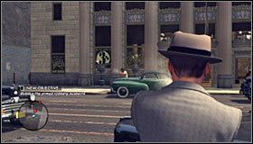 Po dotarciu na miejsce gra automatycznie wyświetli scenkę przerywnikową, z której dowiesz się o napadzie na bank, przeprowadzanym przez zgraną i dobrze uzbrojoną grupę bandytów #1 - Bank Job | Przestępstwa w LA Noire - L.A. Noire - poradnik do gry