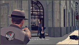 Po dotarciu na miejsce gra automatycznie wyświetli scenkę przerywnikową, z której dowiesz się, że bandyci dokonali napadu z bronią i że wzięli zakładników #1 - The Blue Line; Commies | Przestępstwa w LA Noire - L.A. Noire - poradnik do gry