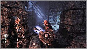 Przemierzając puste korytarze dojdziemy do pomieszczenia z fioletowym kamieniem zmiany bohatera, na przylegającej do niego ścianie znajdziemy dwa zgaszone koksowniki [1] - Rozdział 1- Miasto Dyfed (sekcje 1.3-1.6) | Opis przejścia Hunted Kuźnia Demona - Hunted: Kuźnia Demona - poradnik do gry