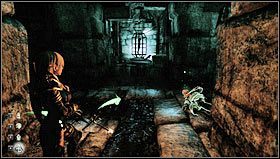 Po wyjściu z areny trafimy do wąskich korytarzy i dojdziemy do rozstaju [1], rozpalamy strzałę w pobliskim koksowniku i udajmy się w prawo do ciemnego korytarza - Rozdział 2- Lochy Dyfed (sekcje 2.1-2.2) | Opis przejścia Hunted Kuźnia Demona - Hunted: Kuźnia Demona - poradnik do gry