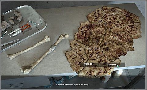 Przejdź do laboratorium i jeszcze raz przyjrzyj się skórze, a konkretnie trzem symbolom w owalu - Zbadaj pozostawione na noc w okapie kości | Dzień i Noc 2 | Alpha Polaris - Alpha Polaris - opis przejścia - poradnik do gry