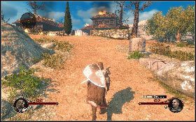 Przebiegnij przez tunel [1], a po znalezieniu się na otwartej przestrzeni udaj się w lewo, w stronę palącego się domu [2] - Misja 1 - Cypr (2) | Opis przejścia The First Templar - The First Templar - poradnik do gry