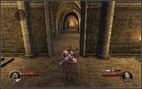 Wejdź na górę po kamiennych schodach [1], przejdź do głównego korytarza, a potem skręć do tego, który znajduje się z lewej [2] - Misja 3 - Inkwizycja | Opis przejścia The First Templar - The First Templar - poradnik do gry