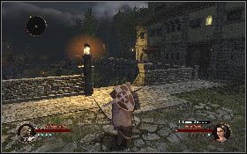 Po rozprawieniu się z przeciwnikami zapukaj w drzwi budynku z prawej [1], a następnie zejdź na dół po schodach z lewej [2] - Misja 10 - La Rochelle | Opis przejścia The First Templar - The First Templar - poradnik do gry