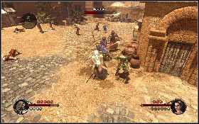 Zejdź na dół i skorzystaj z dźwigni, aby otworzyć bramę [1], po czym szybko wkrocz do walki, aby pomóc swoim kompanom [2] - Misja 13 - Pustynna osada | Opis przejścia The First Templar - The First Templar - poradnik do gry