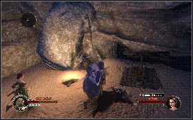 Po zejściu z drewnianej konstrukcji przejdź przez otwartą bramę [1] i załatw wrogów w małej komnacie z prawej [2] - Misja 14 - Pustynna osada | Opis przejścia The First Templar - The First Templar - poradnik do gry