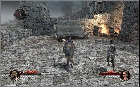 Zostaniesz teraz zaatakowany przez kolejną partię przeciwników, z którymi się rozpraw [1], a następnie udaj się na schody z lewej [2] (niedawno były zablokowane, ale po uderzeniu pocisku przeszkoda zniknie) - Misja 18 - Dziedziniec zamkowy (2) | Opis przejścia The First Templar - The First Templar - poradnik do gry