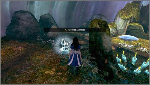 Odnajdujemy następne wspomnienie - jest zlokalizowane za skałą po lewej od niebieskiego grzybka - The Vale of Tears | Rozdział 1 - Hatters Domain | Alice Madness Returns - Alice: Madness Returns - poradnik do gry