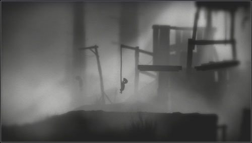 Aby dostać się na druga stronę niewielkiego dołu, za którym leżą pułapki, musimy wspiąć się po linie, do której wcześniej przymocowane były sidła [1] - Rozdział 9 | Opis przejścia Limbo - Limbo - poradnik do gry