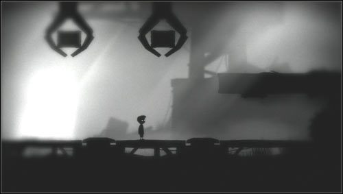 Staniemy przed dwoma przyciskami w podłodze i dwoma szczypcami trzymającymi skrzynie [1] - Rozdział 24 | Opis przejścia Limbo - Limbo - poradnik do gry