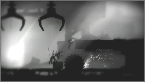 Naszym zadaniem jest ustawienie dwóch skrzyni (jedna na drugiej) przed krawędzią, pod którą znajduje się piła i wskoczenie na bezpieczną półkę zanim zostaniemy poszatkowani [1] - Rozdział 24 | Opis przejścia Limbo - Limbo - poradnik do gry