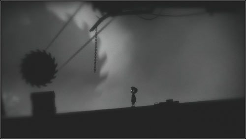 Idąc w lewo dotrzemy do dźwigni, zwisającego łańcucha, piły tarczowej oraz skrzyni [1] - Rozdział 27 | Opis przejścia Limbo - Limbo - poradnik do gry