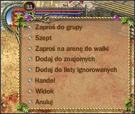 Jeśli zaznaczoną postacią jest inny gracz, po kliknięciu w jego portret otworzy się menu kontekstowe, z którego będziesz mógł wybrać jedno z poleceń - Omówienie podstawowych elementów | Podstawowe informacje | Fragoria - Fragoria - pierwsze kroki - poradnik do gry 