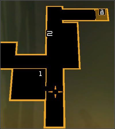 Oznaczenia na mapie: 1 - Terminal sterowania wieżyczką; 2 - Wejście do szybu wentylacyjnego - (9) Przedostanie się do serwerowni | Deus Ex Bunt Ludzkości - Deus Ex: Bunt Ludzkości - Directors Cut - poradnik do gry