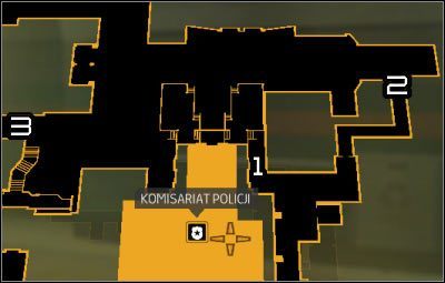 Oznaczenia na mapie: 1 - Zamknięta bramka; 2 - Korytarz z wyładowaniami; 3 - Zejście do kanałów - Matczyne więzi | Deus Ex Bunt Ludzkości - Deus Ex: Bunt Ludzkości - Directors Cut - poradnik do gry