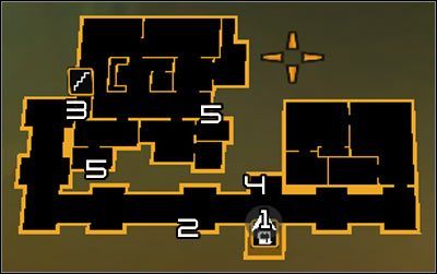 Oznaczenia na mapie: 1 - Wyjście z windy; 2 - Wyjście z głównego szybu; 3 - Główne wejście do apartamentu hackera; 4 - Wejście do szybu; 5 - Wyjścia z szybu - (4) Dotarcie do apartamentu hackera | Deus Ex Bunt Ludzkości - Deus Ex: Bunt Ludzkości - Directors Cut - poradnik do gry
