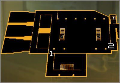 Oznaczenia na mapie: 1 - Przejście do serwerowni (poziom 6); 2 - Przejście do lobby (poziom 6) - (2) Wariant pokojowy - Wydostanie się z zasadzki | Deus Ex Bunt Ludzkości - Deus Ex: Bunt Ludzkości - Directors Cut - poradnik do gry