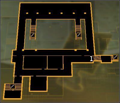 Oznaczenia na mapie: 1 - Przejście do lobby (poziom 7) - (2) Wariant pokojowy - Wydostanie się z zasadzki | Deus Ex Bunt Ludzkości - Deus Ex: Bunt Ludzkości - Directors Cut - poradnik do gry