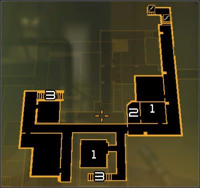 Oznaczenia na mapie: 1 - Terminale sterowania kamerami; 2 - Zbrojownia; 3 - Schody prowadzące na niższy poziom - (7) Wariant pokojowy - Dotarcie do klatki schodowej | Deus Ex Bunt Ludzkości - Deus Ex: Bunt Ludzkości - Directors Cut - poradnik do gry