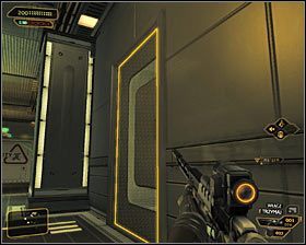 Po znalezieniu się na poziomie 3 musisz zachować ostrożność, gdyż na końcu korytarza znajduje się nowa kamera ochrony #1 - (7) Wariant pokojowy - Dotarcie do klatki schodowej | Deus Ex Bunt Ludzkości - Deus Ex: Bunt Ludzkości - Directors Cut - poradnik do gry