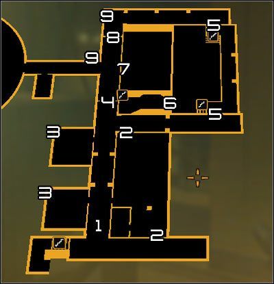 Oznaczenia na mapie: 1 - Główny korytarz - (9) Wariant agresywny - Dotarcie do pokoju 802-11 | Deus Ex Bunt Ludzkości - Deus Ex: Bunt Ludzkości - Directors Cut - poradnik do gry