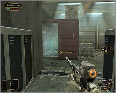 Niezależnie od wybranego wariantu zachowania musisz dotrzeć do dużego czerwonego kontenera (powyższy screen) - (7) Zejście do kanałów | Deus Ex Bunt Ludzkości - Deus Ex: Bunt Ludzkości - Directors Cut - poradnik do gry
