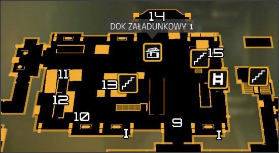 W drugim doku wrogów jest więcej, a w dodatku dozór nad rejonem sprawuje wieżyczka bojowa (9 na mapie) - (4) Wariant agresywny - Znajdź miejsce spotkania | Deus Ex Bunt Ludzkości - Deus Ex: Bunt Ludzkości - Directors Cut - poradnik do gry