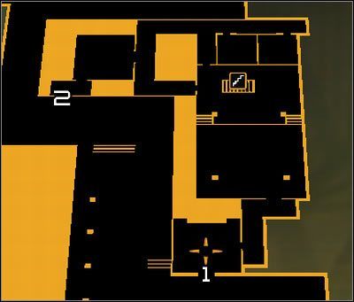 Oznaczenia na mapie: 1 - Główne wejście do budynku Micro-Gen Lab; 2 - Nadająca się do zniszczenia ściana - (4) Wariant agresywny - Odnalezienie Nii Colvin | Deus Ex Bunt Ludzkości - Deus Ex: Bunt Ludzkości - Directors Cut - poradnik do gry