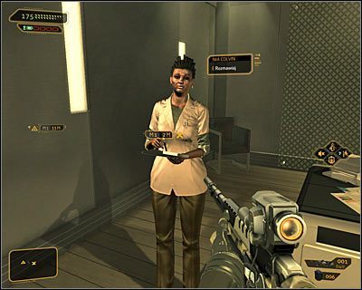 Wejdź do pomieszczenia G-21 i zainicjuj rozmowę z Nią Colvin (powyższy screen) - (4) Wariant agresywny - Odnalezienie Nii Colvin | Deus Ex Bunt Ludzkości - Deus Ex: Bunt Ludzkości - Directors Cut - poradnik do gry