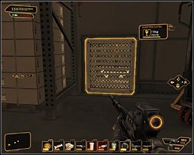 W południowo-wschodniej części hali na poziomie 1 znajduje się kilka pomieszczeń magazynowych i możesz do nich dotrzeć łamiąc zabezpieczenia zamków elektronicznych #1 lub korzystając z szybów wentylacyjnych #2 - (2) Dotarcie na szczyt wieży | Deus Ex Bunt Ludzkości - Deus Ex: Bunt Ludzkości - Directors Cut - poradnik do gry