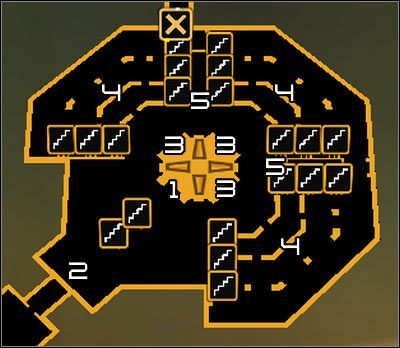 Oznaczenia na mapie: 1 - Terminal wyłączania systemu podtrzymywania; 2 - Zhao Run Yu; 3 - Ludzkie moduły; 4 - Terminale komputerowe; 5 - Składziki - (9) Pokonanie projektu Hyron | Deus Ex Bunt Ludzkości - Deus Ex: Bunt Ludzkości - Directors Cut - poradnik do gry