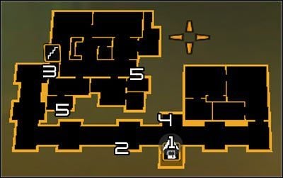 Oznaczenia na mapie: 1 - Wyjście z windy; 2 - Wyjście z głównego szybu; 3 - Główne wejście do apartamentu hackera; 4 - Wejście do szybu; 5 - Wyjścia z szybu - (4) Dotarcie do apartamentu hackera - Polowanie na hakera - Deus Ex Bunt Ludzkości - poradnik akt II - Hengsha