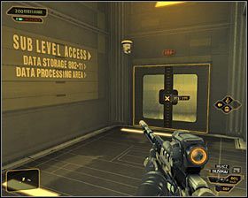 Musiałbyś teraz załączyć kamuflaż i przystąpić do omijania wartowników oraz kamer ochrony #1, przemieszczając się sukcesywnie na północny-zachód - (7) Wariant pokojowy- Dotarcie do klatki schodowej - Twarzą w twarz z Elizą Cassan - Deus Ex Bunt Ludzkości - poradnik akt III - Kanada, Detroit 2