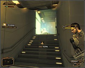 Mógłbyś teraz przejść przez oczyszczone pomieszczenie i dotrzeć do celu misji, ale ja radziłbym powrócić do punktu startu i wybrać północne schody prowadzące na poziom 3 #1 - (7) Wariant agresywny- Dotarcie do klatki schodowej - Twarzą w twarz z Elizą Cassan - Deus Ex Bunt Ludzkości - poradnik akt III - Kanada, Detroit 2