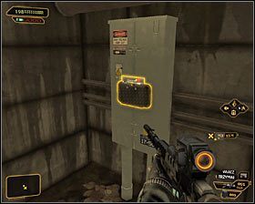 Na koniec zostaw sobie pojedynczego wartownika, który powinien opierać się o barierkę #1 - (8) Przeprawa przez kanały - W pogoni za Izajaszem Sandovalem - Deus Ex Bunt Ludzkości - poradnik akt III - Kanada, Detroit 2