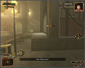 Musisz teraz ostrożnie przejść obok tutejszego wartownika #1, który powinien być zajęty ostrzeliwaniem maszyny latającej - (1) Wariant pokojowy- Wydostanie się z terenu budowy - Znajdź nadajnik Wasyla Szewczenki - Deus Ex Bunt Ludzkości - poradnik akt IV - Hengsha 2, Singapur, Panchaja, zakończenia