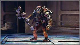 W kolejnej komnacie zejdź na niższy poziom i zbierz umieszczony w niebieskim pojemniku Pistolet Plazmowy [1] - 6 - Legowisko Olbrzymów - Opis przejścia - Warhammer 40,000: Space Marine - poradnik do gry