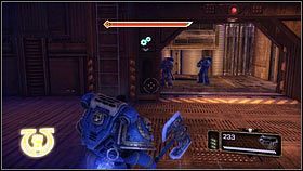 Gdy cut-scenka dobiegnie końca, pokonaj mały oddział demonów [1] i przedostań się do windy [2] - 11 - Droga Bez Powrotu - Opis przejścia - Warhammer 40,000: Space Marine - poradnik do gry