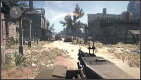 Przechodzimy przez dwa rozwalone budynki [1] i ruszamy przed siebie szeroką i długą drogą, na której pojawią się wrogowie - Ukryta okazja - McCall | Rozdział 9 | Call of Juarez The Cartel - Call of Juarez: The Cartel - poradnik do gry