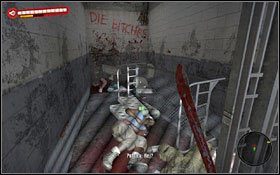 Gdy znajdziesz się na parkingu policyjnym zabij wszystkie zombiaki #1 i skieruj się na wprost do drzwi, gdzie schodami wyjdziesz piętro wyżej (1) - Dzień sądu; Papierkowa robota | Akt 2 - zadania poboczne i wydarzenia - Dead Island - poradnik do gry