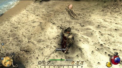 Udaj się tam za pomocą łódki lub wpław (dalej i tak będziesz korzystał z teleporterów) i zbadaj ślady w [8] i [9] - Tajemnica zaginionej skrzynki - Two Worlds II: Pirates of The Flying Fortress - poradnik do gry