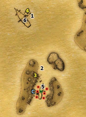 Po zdobyciu łódki w poprzednim zadaniu wsiądź do niej (jest w [1]) i popłyń w okolice [2] - Jedwabna suknia - Two Worlds II: Pirates of The Flying Fortress - poradnik do gry