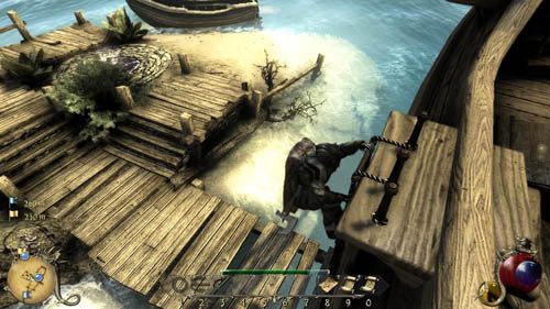 Skorzystaj z teleportu Wędrujący Gniew w [2], aby błyskawicznie przenieść się na wyspę - udaj się do Zatoki Kranger w [3] - Łódka - Two Worlds II: Pirates of The Flying Fortress - poradnik do gry