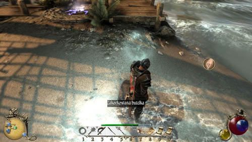 Użyj kamienia teleportracyjnego, by przenieść się do [3], a stamtąd na piechotę wyrusz do [4], by odnaleźć małe jeziorko - Wiadomość w butelce - Two Worlds II: Pirates of The Flying Fortress - poradnik do gry