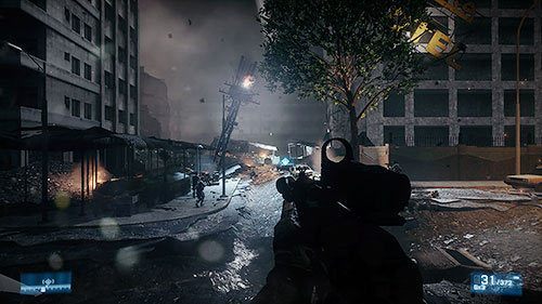 Gdy wydostaniesz się z budynku znajdziesz się na ulicy, nad którą przeleci sojuszniczy transportowiec - Misja 3- Powstanie | Kampania | Battlefield 3 - Battlefield 3 - poradnik do gry