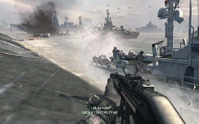 Zeskocz do pontonu i zacznij płynąć za swoimi kompanami (nie możesz się od nich zbytnio oddalić) omijając przeszkody - I- Hunter Killer | Opis przejścia gry | Call of Duty Modern Warfare 3 - Call of Duty: Modern Warfare 3 - opis przejścia i operacje specjalne - poradnik do gry