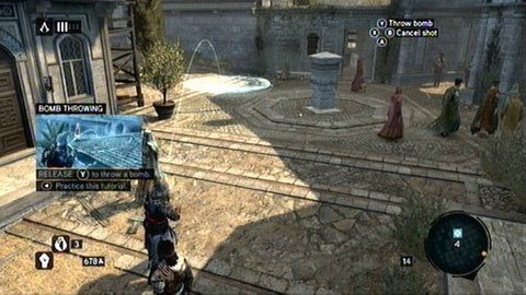 Gdy otrzymasz Cherry Bomb, przytrzymaj RB i wybierz nową broń gałką prawego analoga - Sekwencja 2 - The Crossroads of The World (7) | Opis przejścia AC Revelations - Assassins Creed: Revelations - poradnik do gry