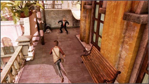 Gdy naszą drogę ucieczki zastąpi nam kolejny facet w czerni [1] przeskakujemy przez barierkę po lewej stronie - Rozdział 3- Robota na poziomie | Opis przejścia Uncharted 3 Oszustwo Drakea - Uncharted 3: Oszustwo Drakea - poradnik do gry