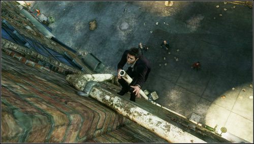 Gdy tylko zerdzewiała rynna oderwie się od ściany [1] wyskakujemy wyżej i przechodzimy dalej w lewo - Rozdział 4- Huczny upadek | Opis przejścia Uncharted 3 Oszustwo Drakea - Uncharted 3: Oszustwo Drakea - poradnik do gry